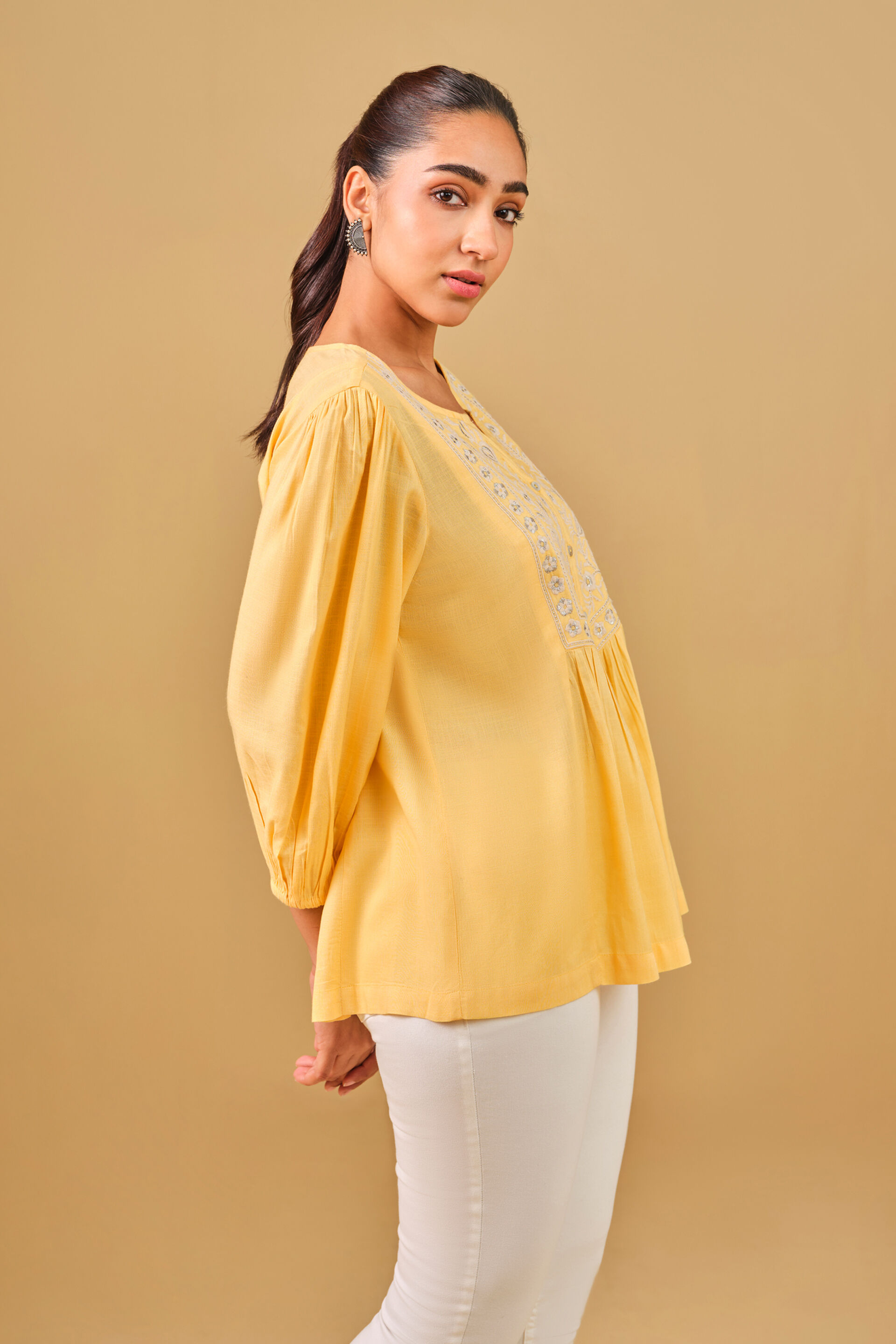 Embroidered Yellow Viscose Top, Yellow, image 2